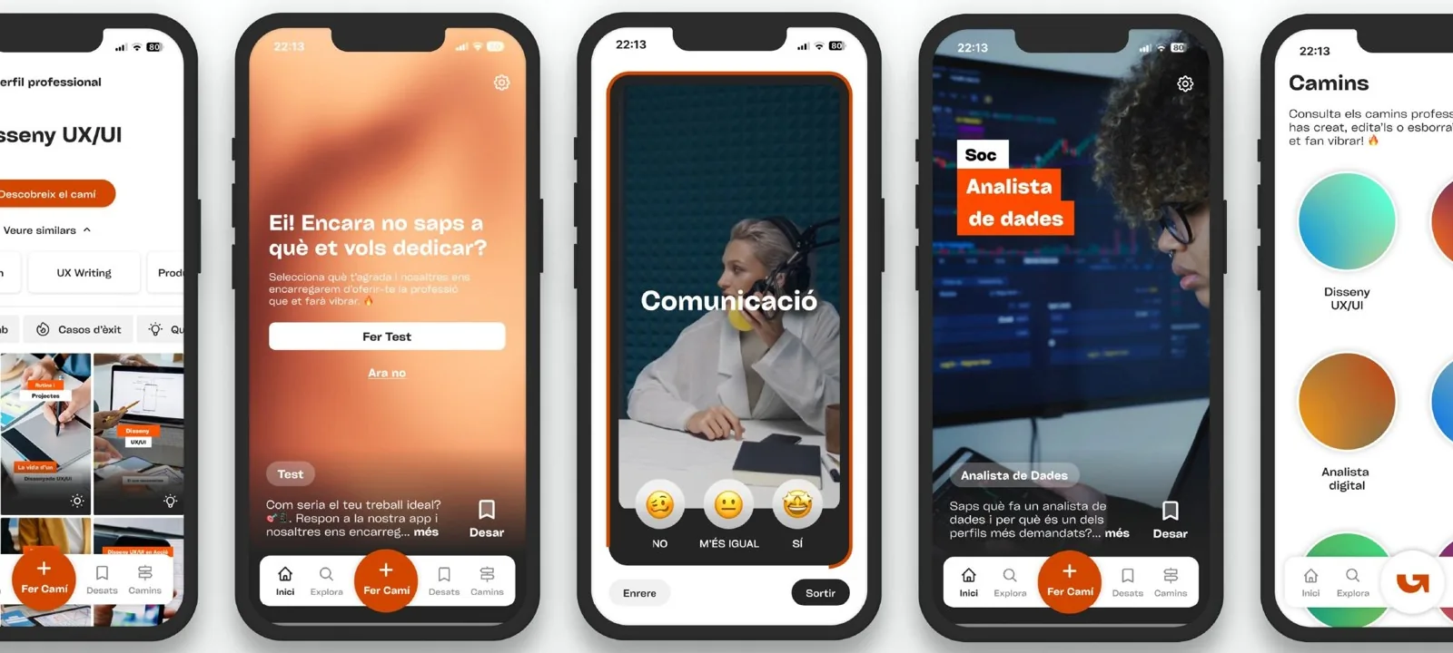 Pantallas de la app Focus: perfil profesional, test, vídeo y caminos formativos