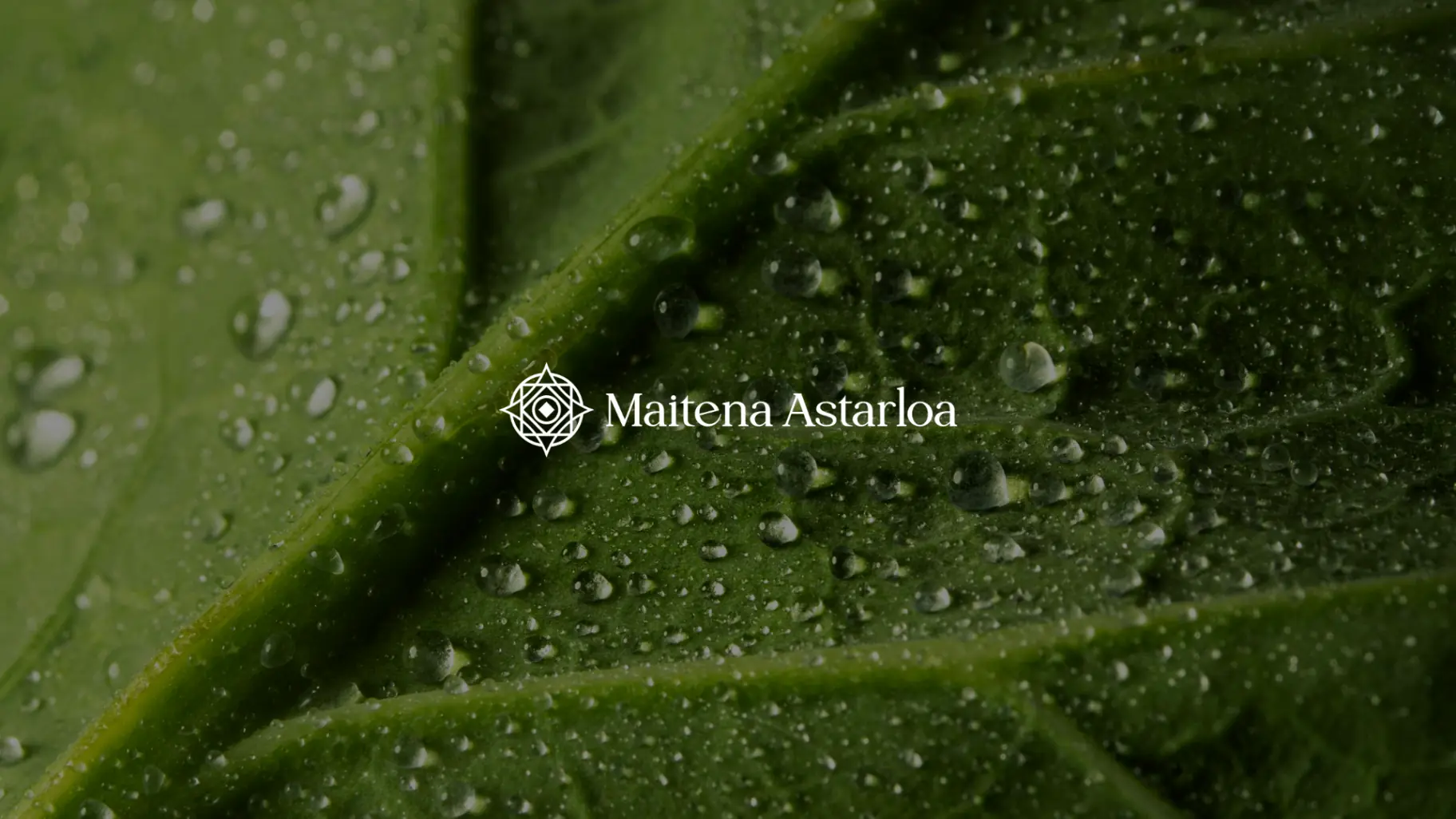 Logotipo de Maitena Astarloa en versión negativa sobre una hoja con gotas de agua