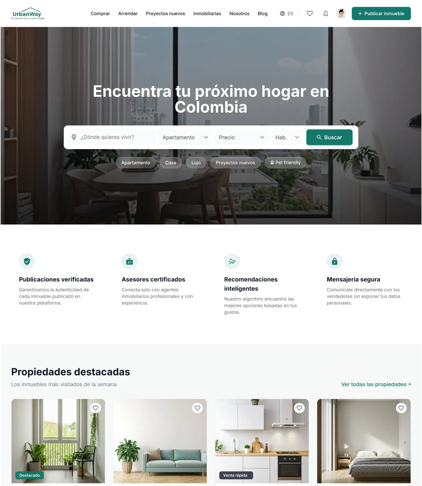 Inicio de Urban Way con buscador y propiedades destacadas