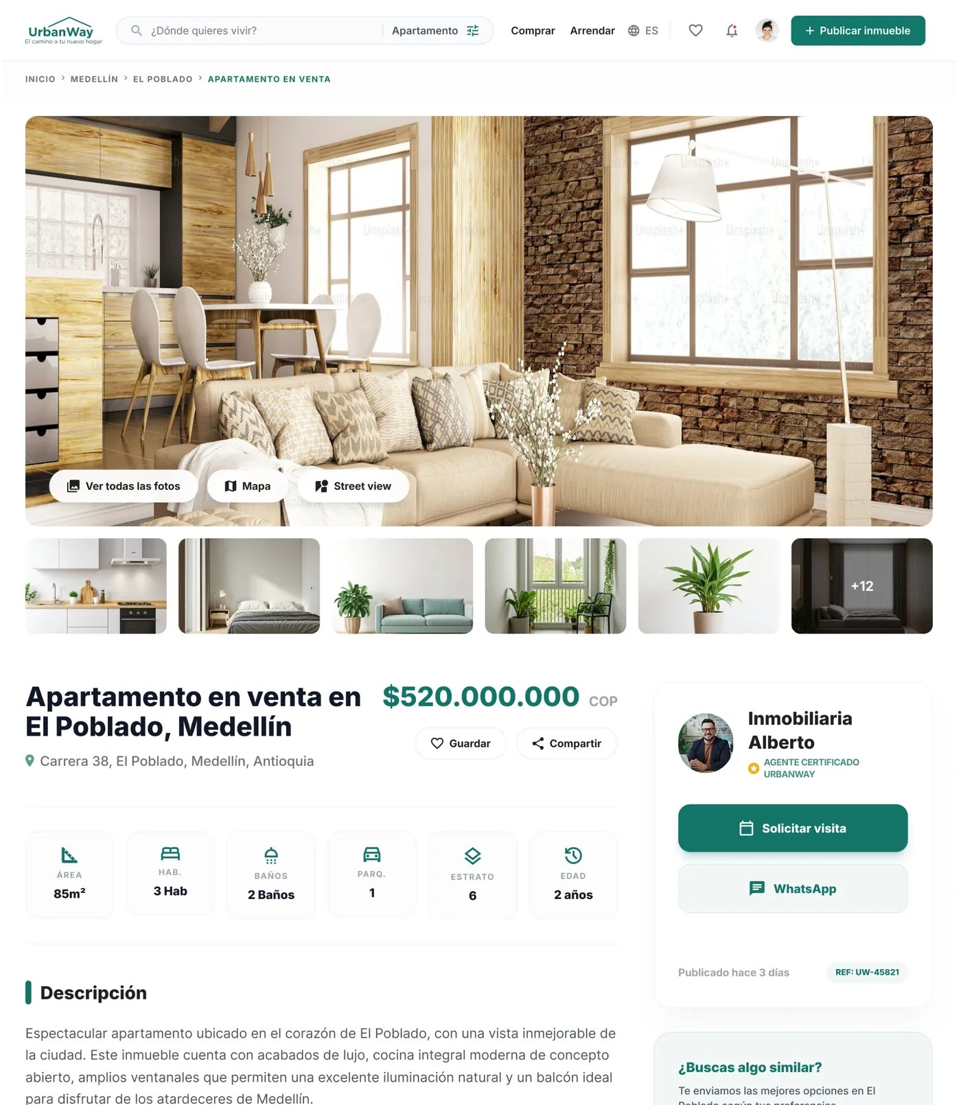 Ficha de un apartamento con galería y simulador de crédito